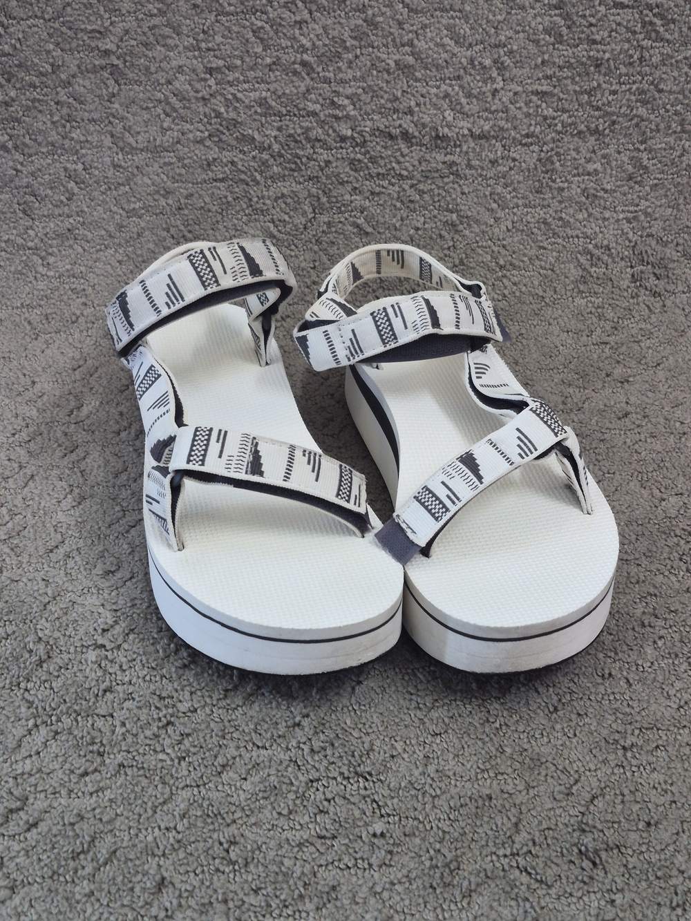 Teva White Patterned Platform Sandals with Black Accents